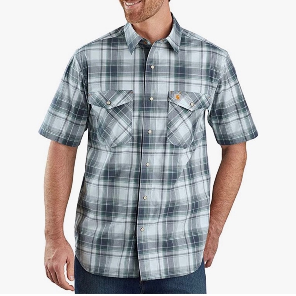 Carhartt Rugged Flex Relax Fit Green And Gray Plaid Short Sleeve Shirt Size L